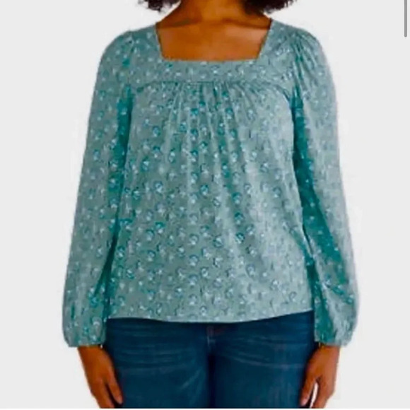 Lucky Brand Long Sleeve Top, Square Neck, Green Floral Pattern, Boho Small - Picture 5 of 10